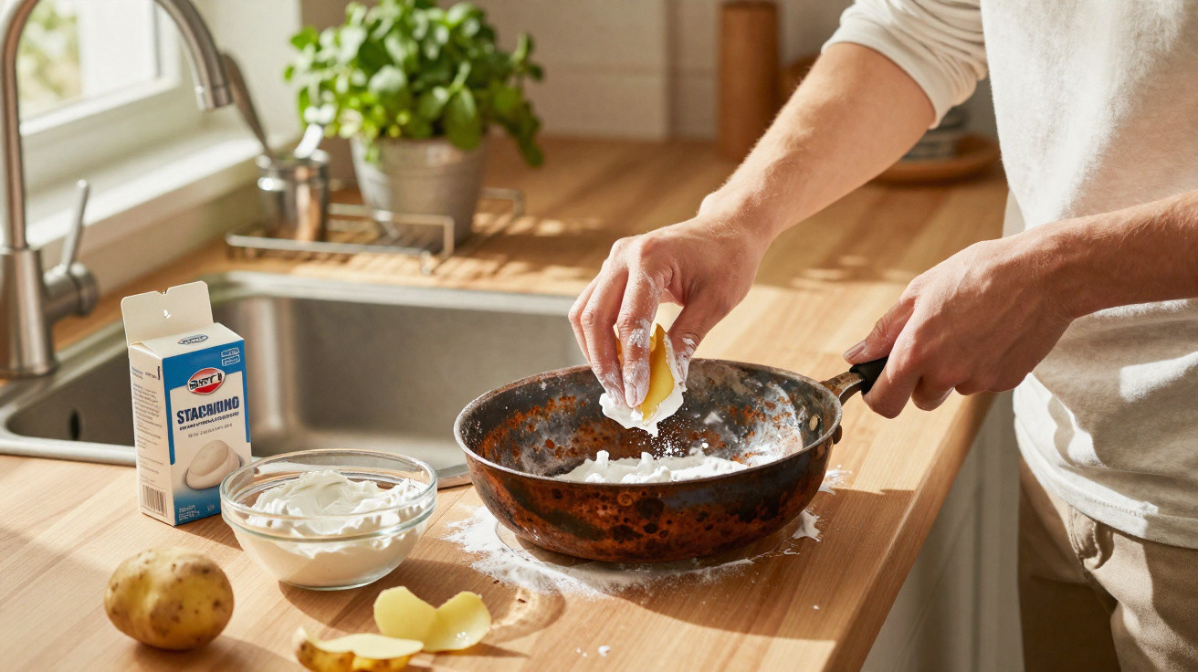 Person squeezing a lemon into a rusty pan with flour on a wooden kitchen counter near potatoes and cream.