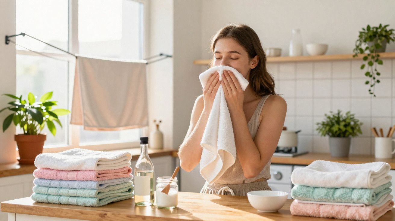 Young woman in kitchen smelling a white towel with folded pastel towels and natural cleaning supplies on table.