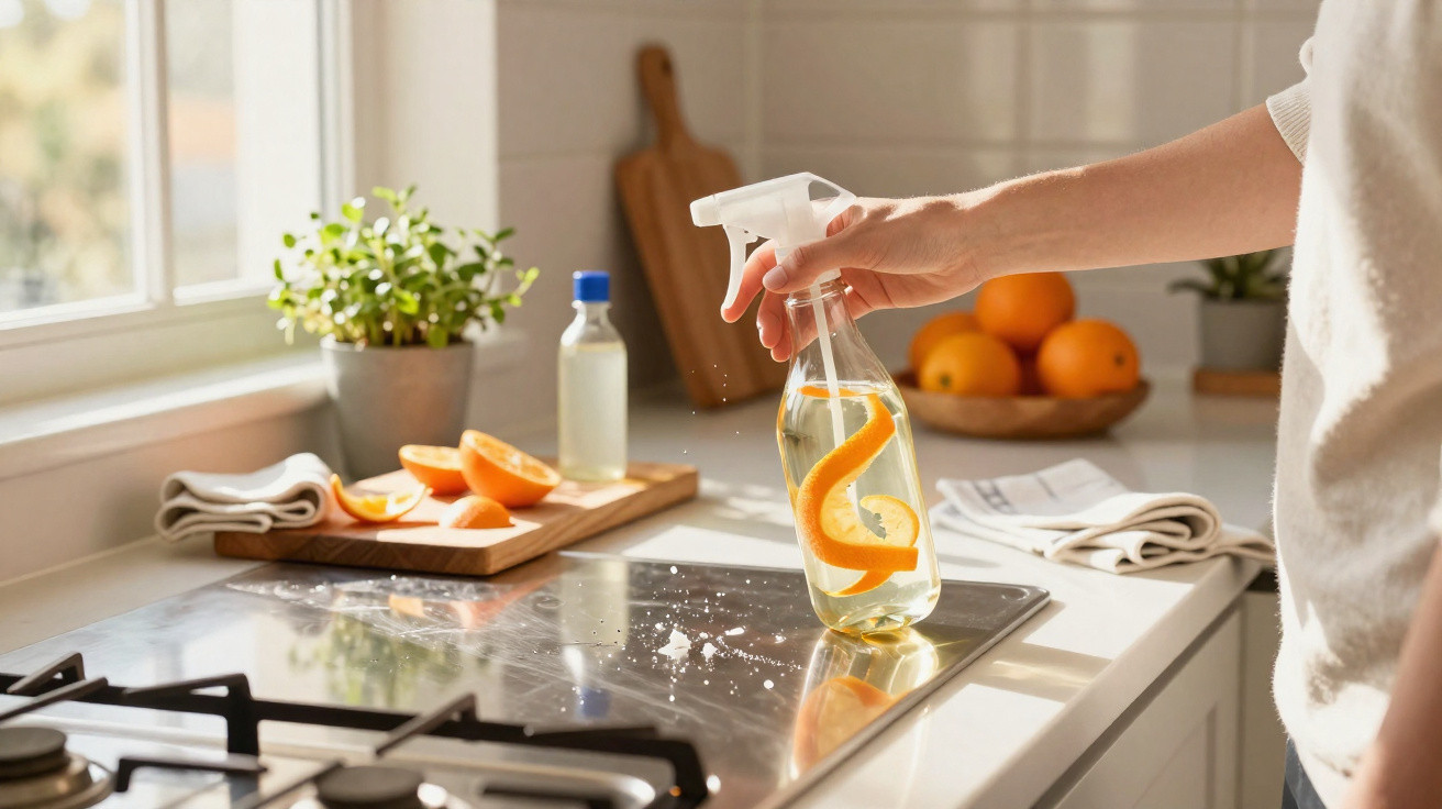 Hand spraying natural orange-scented cleaner on a kitchen stove with sunlight and fruit in background.