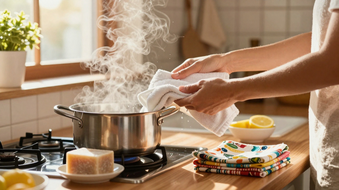 Hands holding a white cloth over a steaming stainless steel pot on a gas stove in a sunlit kitchen.