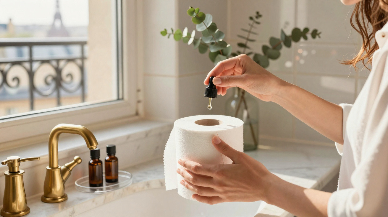 Person adding essential oil drop to a toilet paper roll in a bright bathroom with gold faucet and eucalyptus in vase.