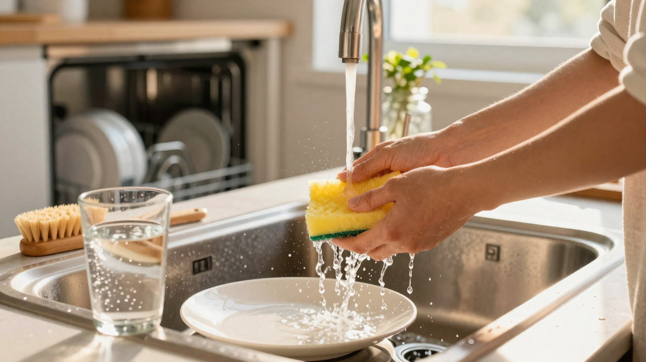 Person rinsing a yellow sponge under running tap water above a white plate in a kitchen sink.