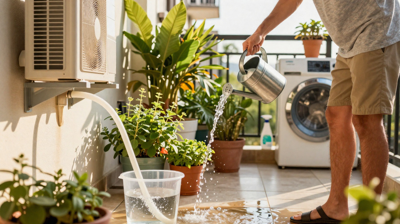 Person watering plants on an apartment balcony with a metal watering can and water from an air conditioner hose.