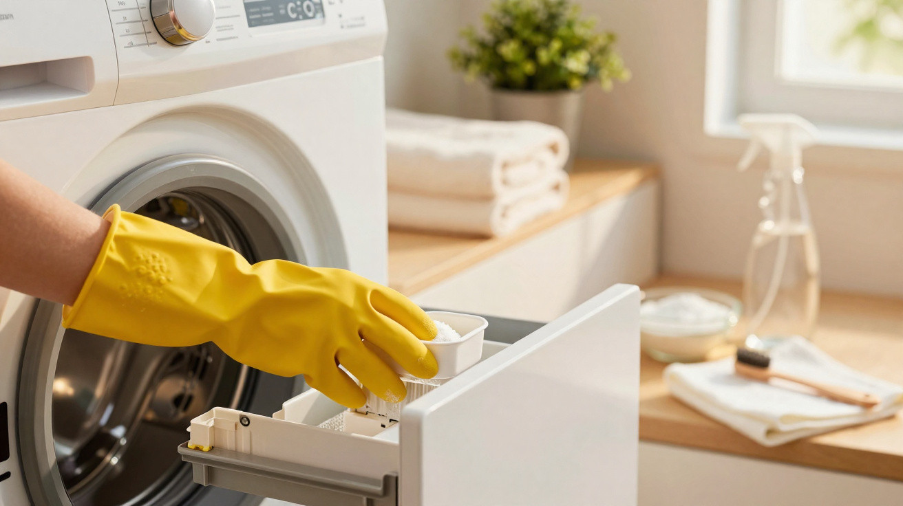 Hand in yellow glove pouring detergent into a white washing machine detergent compartment indoors.