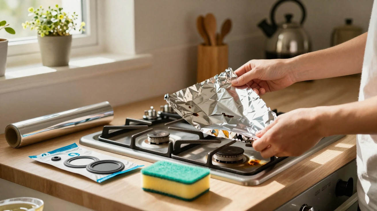 Hands placing aluminium foil over a gas stove burner on a kitchen countertop with cleaning supplies nearby.