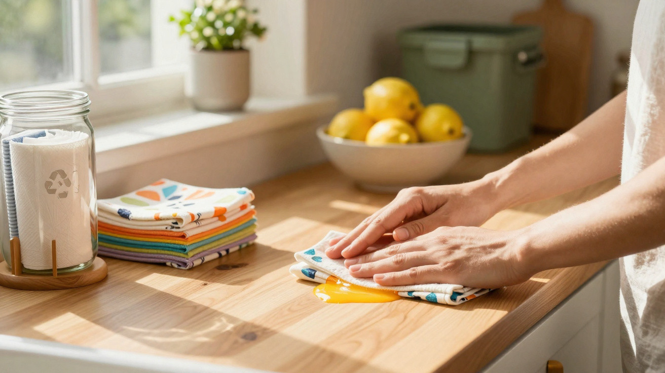Hands folding colourful reusable cloths on a wooden kitchen countertop with lemons in a bowl nearby.