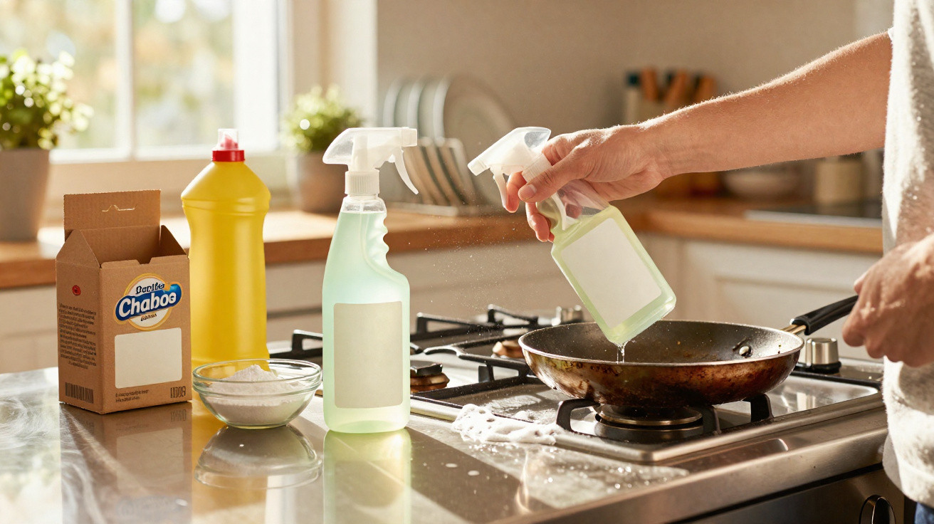Person spraying cleaning solution on a frying pan on a gas stove in a bright kitchen.