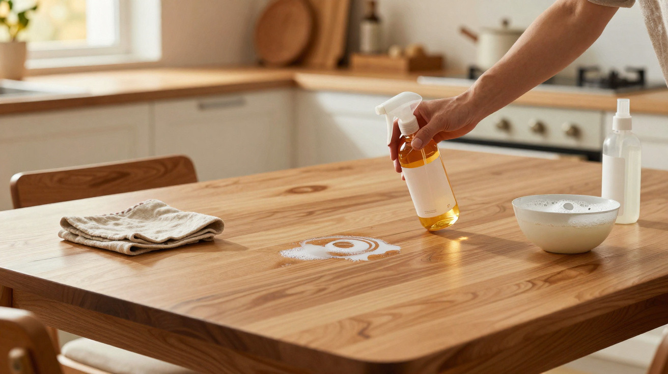 Hand spraying cleaning solution on a wooden kitchen table with a bowl of foam and cloth nearby.