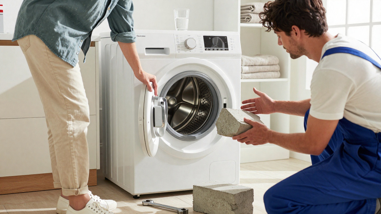Two men examining a white front-loading washing machine with concrete blocks in a bright laundry room.