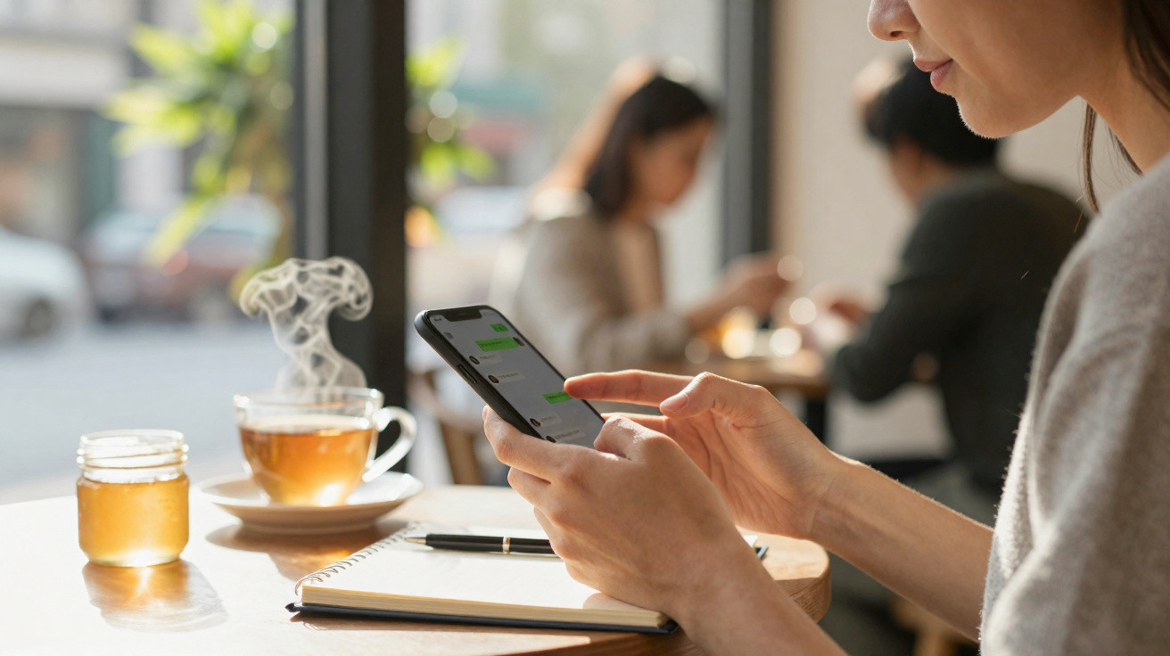 Woman using smartphone at a café table with notebook, pen, steaming tea, and honey jar in soft natural light.