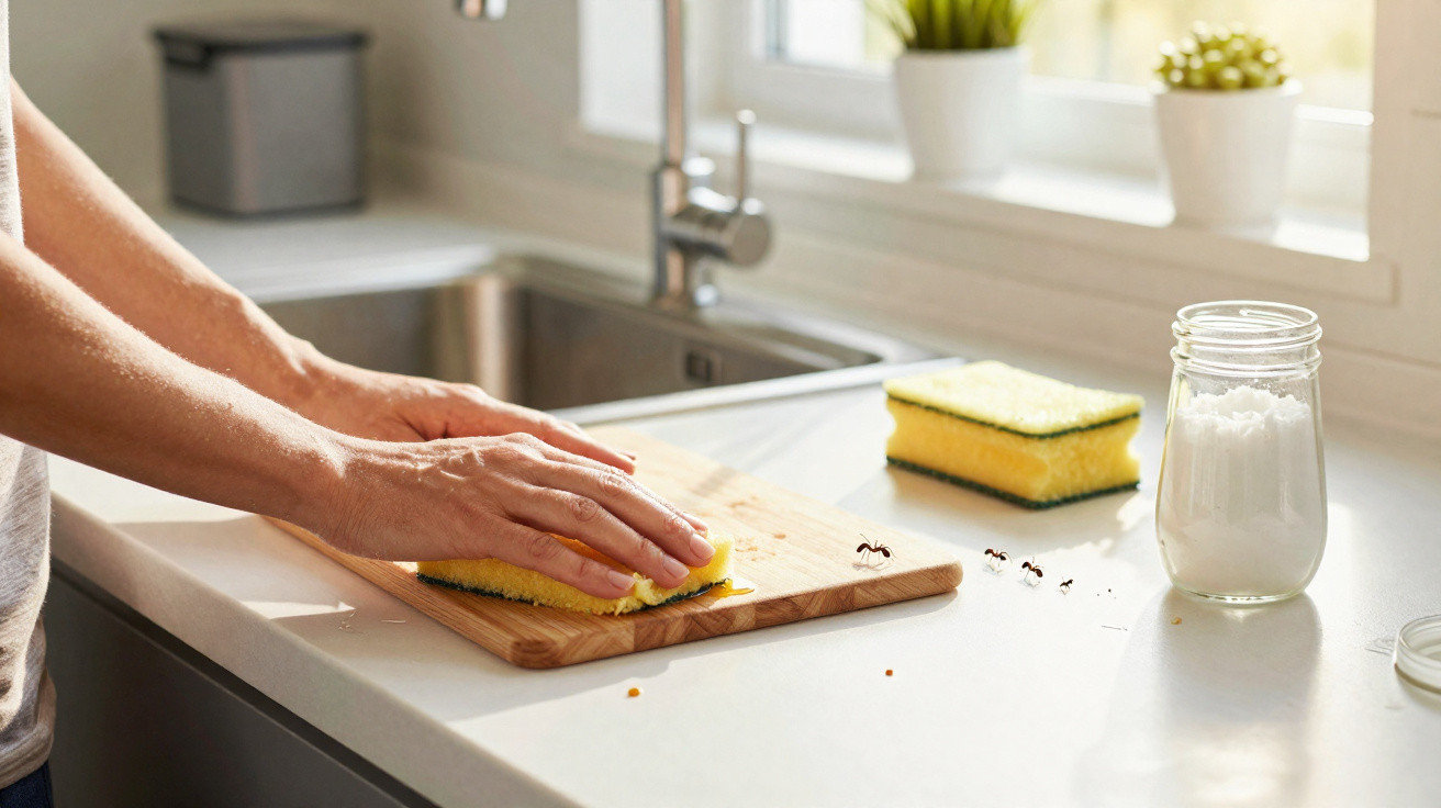 Person cleaning kitchen countertop with sponge near ants and a jar of white powder on surface