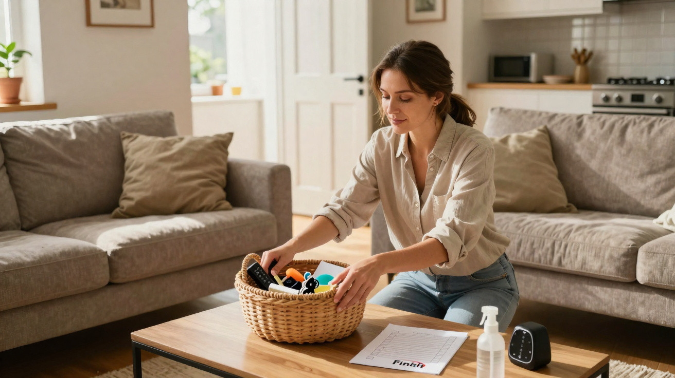 Woman tidying a wicker basket with household items on a wooden table in a cosy living room.