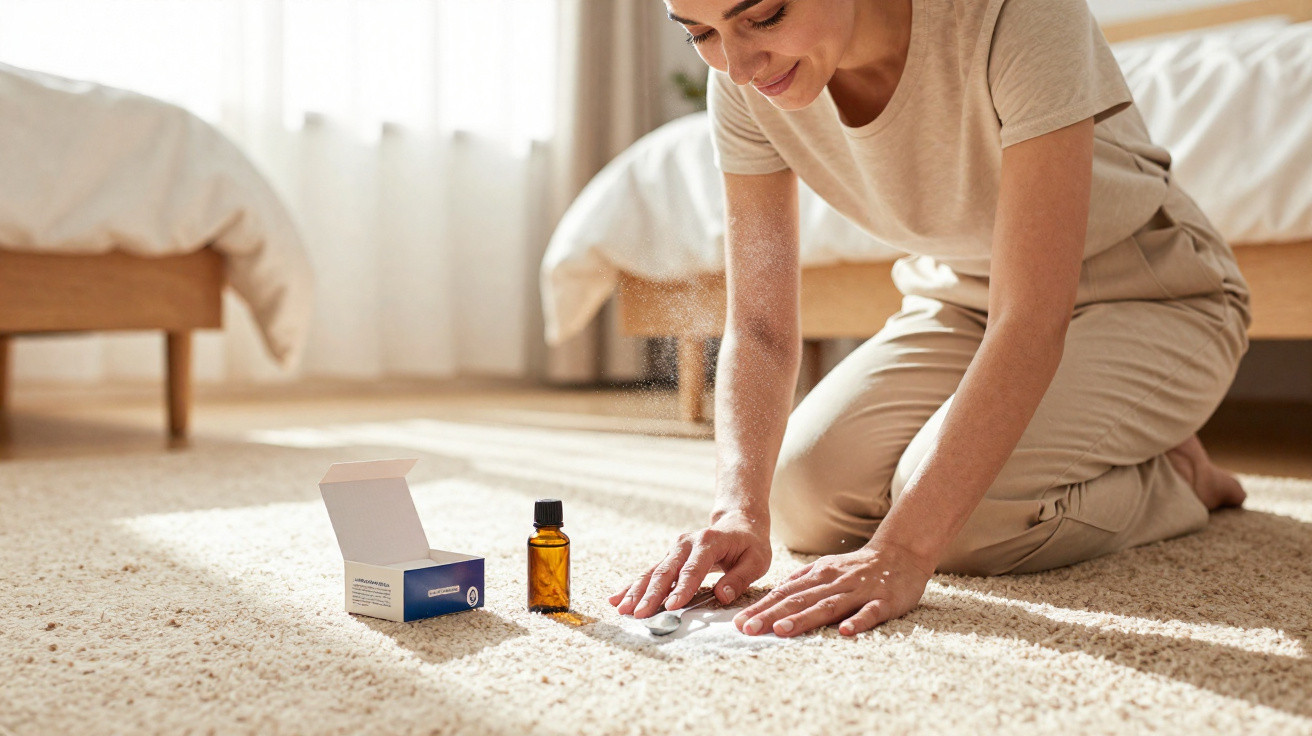 Woman kneeling on carpet using a small vial and pill, with an open box beside her in a bright bedroom.