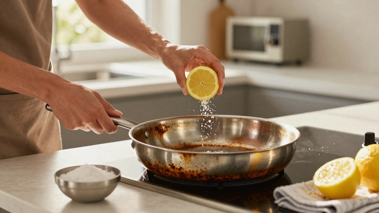 Person squeezing lemon juice into a stainless steel frying pan on a kitchen stove.