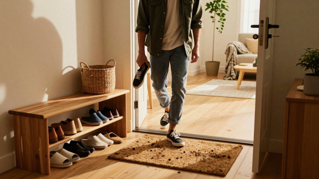 Person entering a home holding a dirty shoe over a doormat with mud and debris inside a tidy hallway.