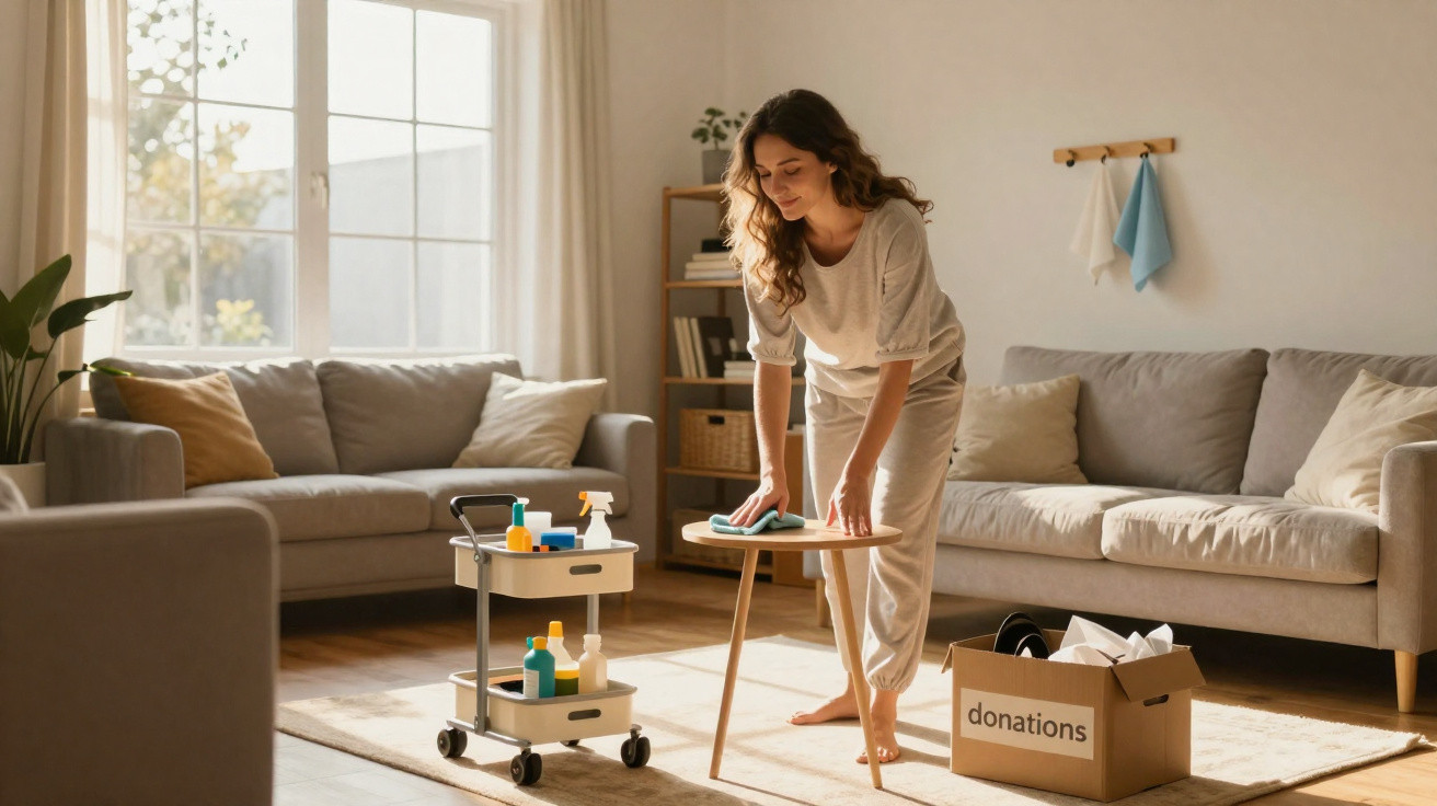 Woman cleaning a wooden table in a bright living room with cleaning supplies and a donations box nearby.