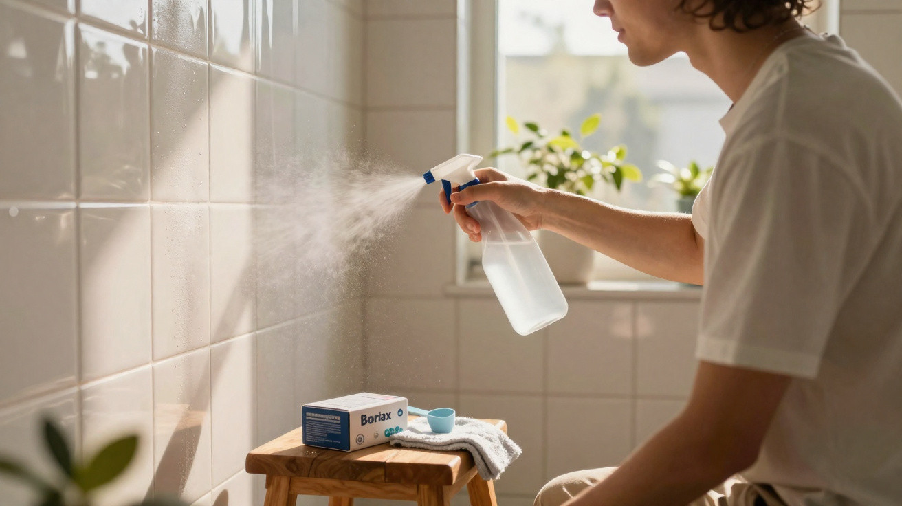 Person spraying cleaning solution on tiled wall in a sunlit room with a box of borax on a wooden stool nearby