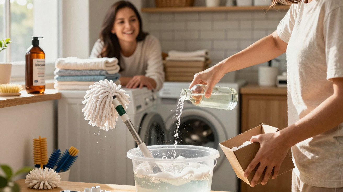 Person pouring liquid detergent into a bucket with a mop in a bright laundry room, another person smiling nearby.