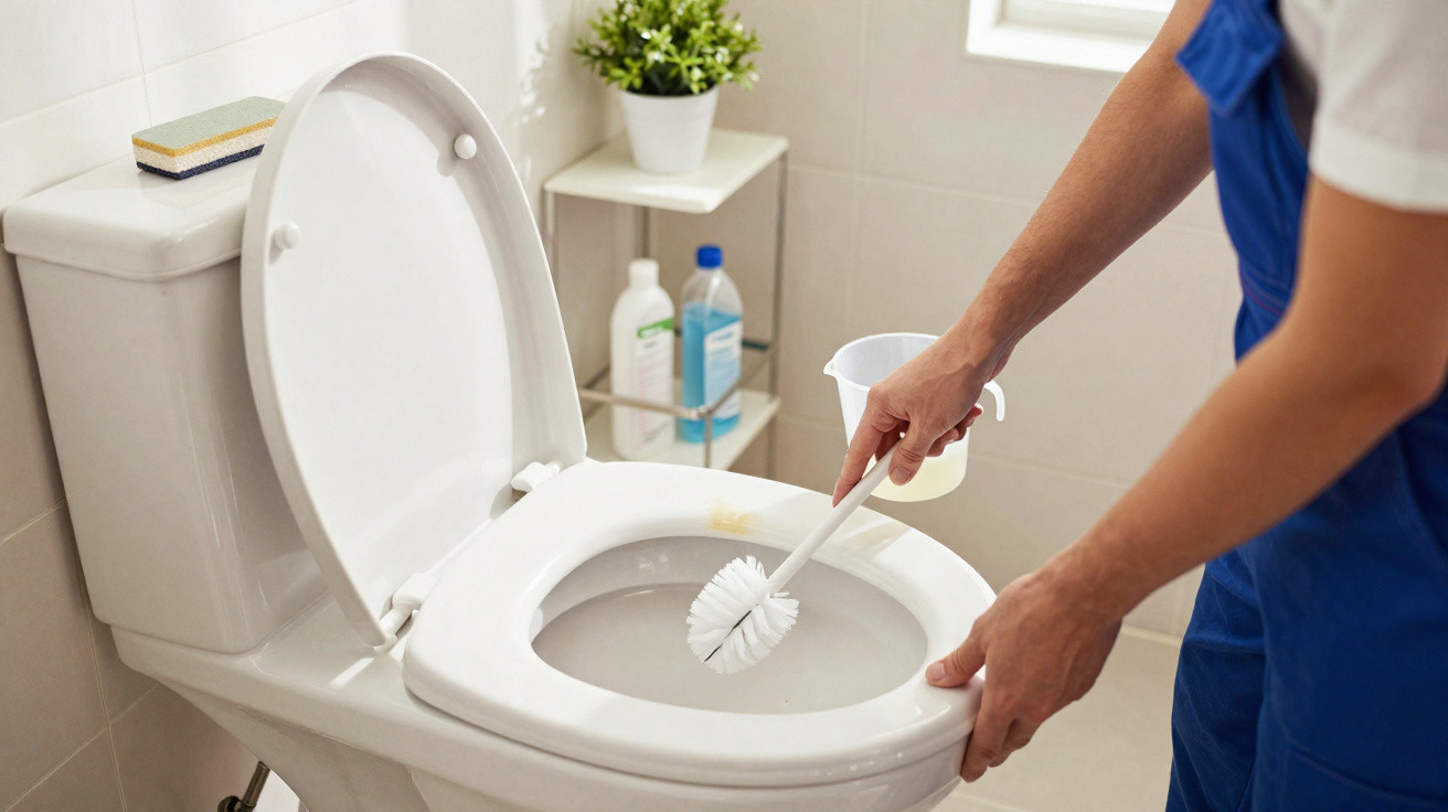 Person cleaning a white toilet bowl with a brush in a bright, tidy bathroom.