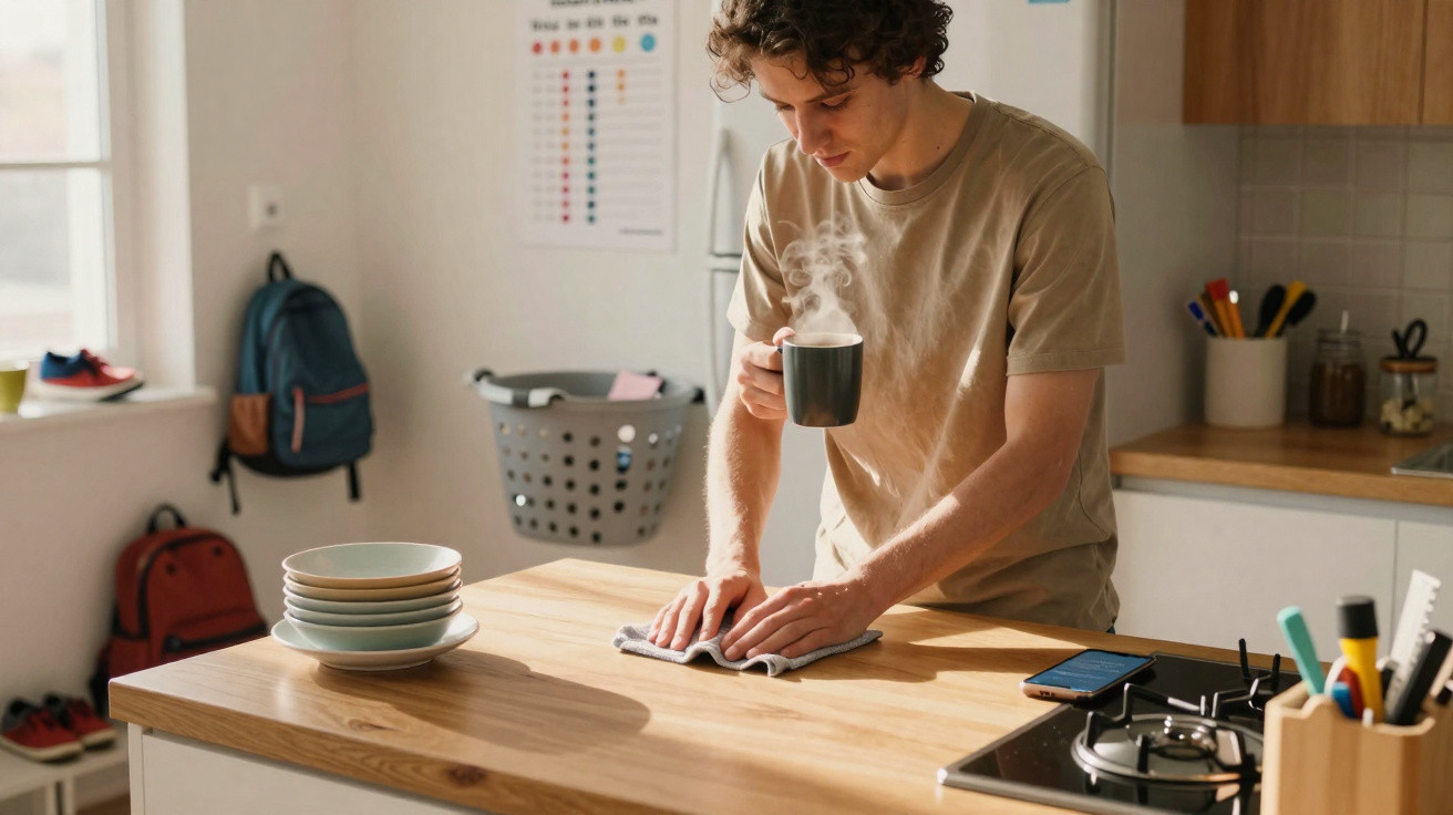 Young man drinks steaming coffee while wiping kitchen counter with cloth in a bright, organised kitchen.
