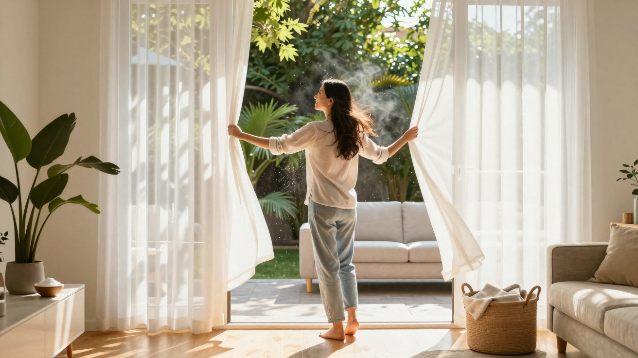 Woman standing barefoot opening sheer curtains to a sunlit patio with plants and outdoor sofa.