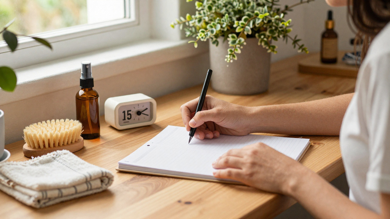 Person writing on a notepad at a wooden desk by a window with a clock, plant, spray bottle, and brush nearby.