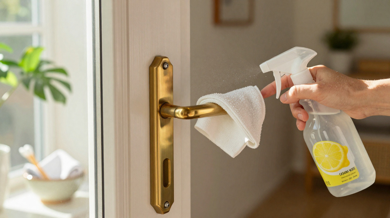 Hand spraying cleaning solution on brass door handle draped with white cloth in a sunlit room.