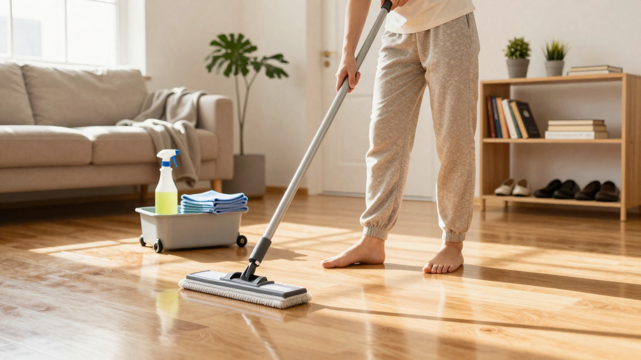 Person mopping a wooden floor in a bright living room with cleaning supplies nearby and natural light.