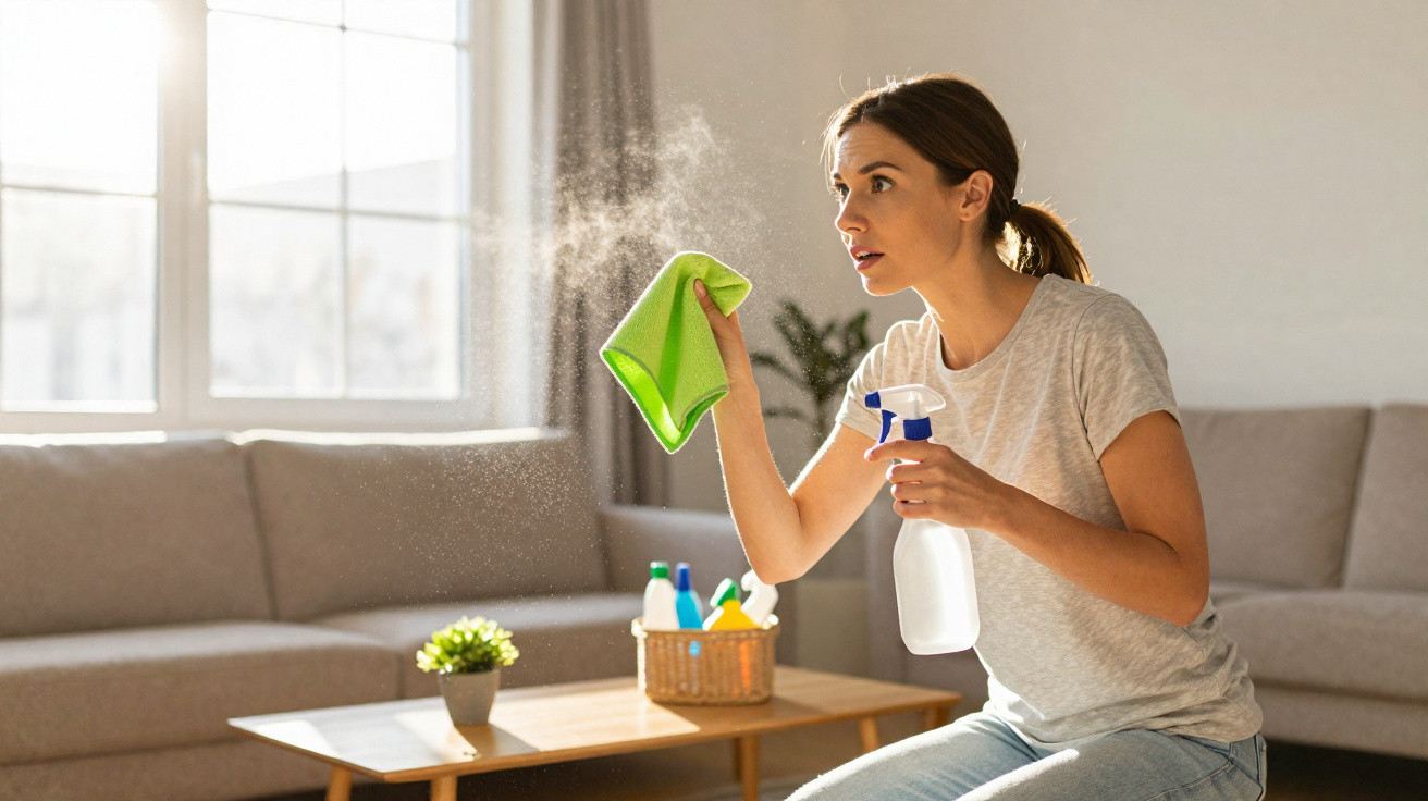 Young woman cleaning a living room window with a spray bottle and green cloth in daylight.