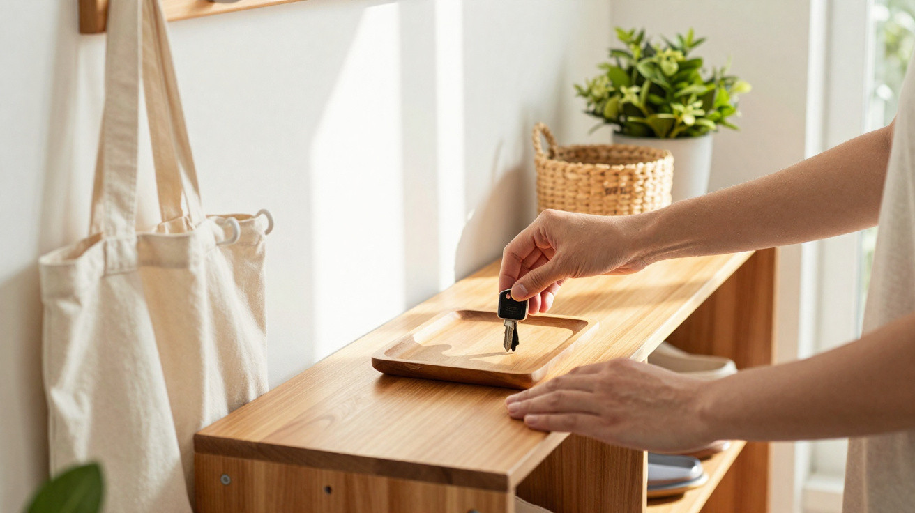 Person placing a single key on a wooden tray on a light wooden table near a hanging bag.