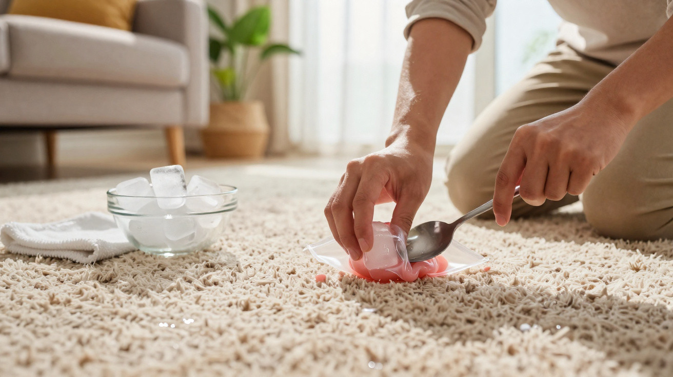Person using ice cubes and a spoon to clean a red stain on beige carpet in a living room.