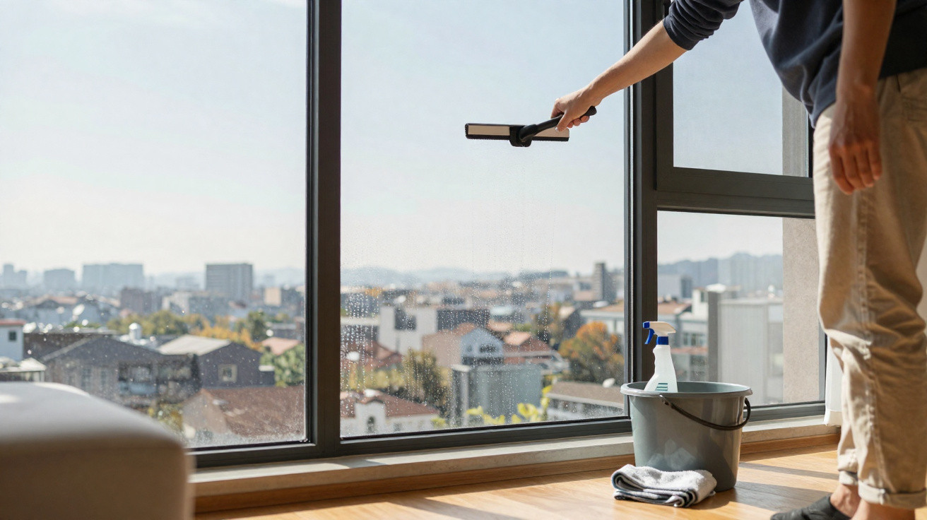 Person cleaning large floor-to-ceiling window with squeegee, bucket, spray bottle, and cloth beside them.