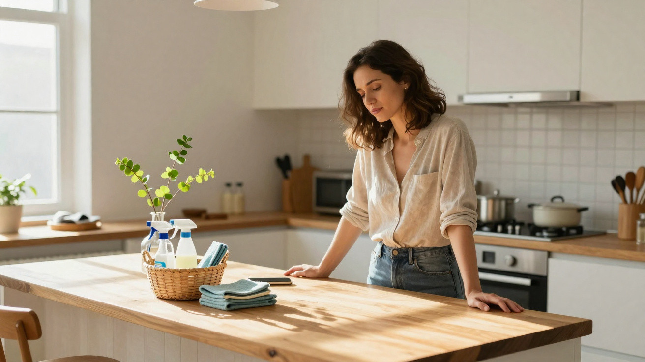 Woman leaning on a wooden kitchen island with cleaning supplies and folded cloths in a bright, modern kitchen.