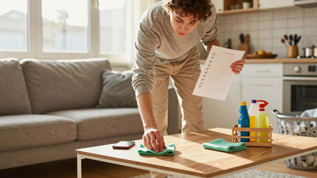 Person wiping a wooden coffee table with a cloth while holding a checklist in a living room.