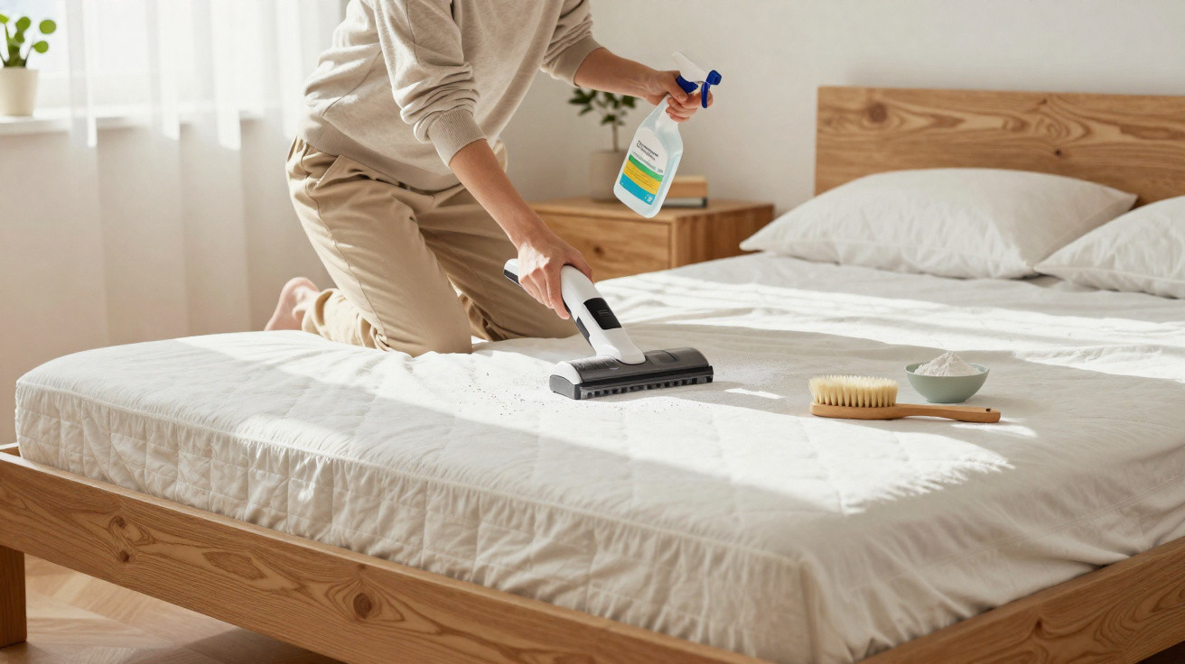 Person cleaning a white mattress with a vacuum cleaner and spray bottle in a sunlit bedroom.
