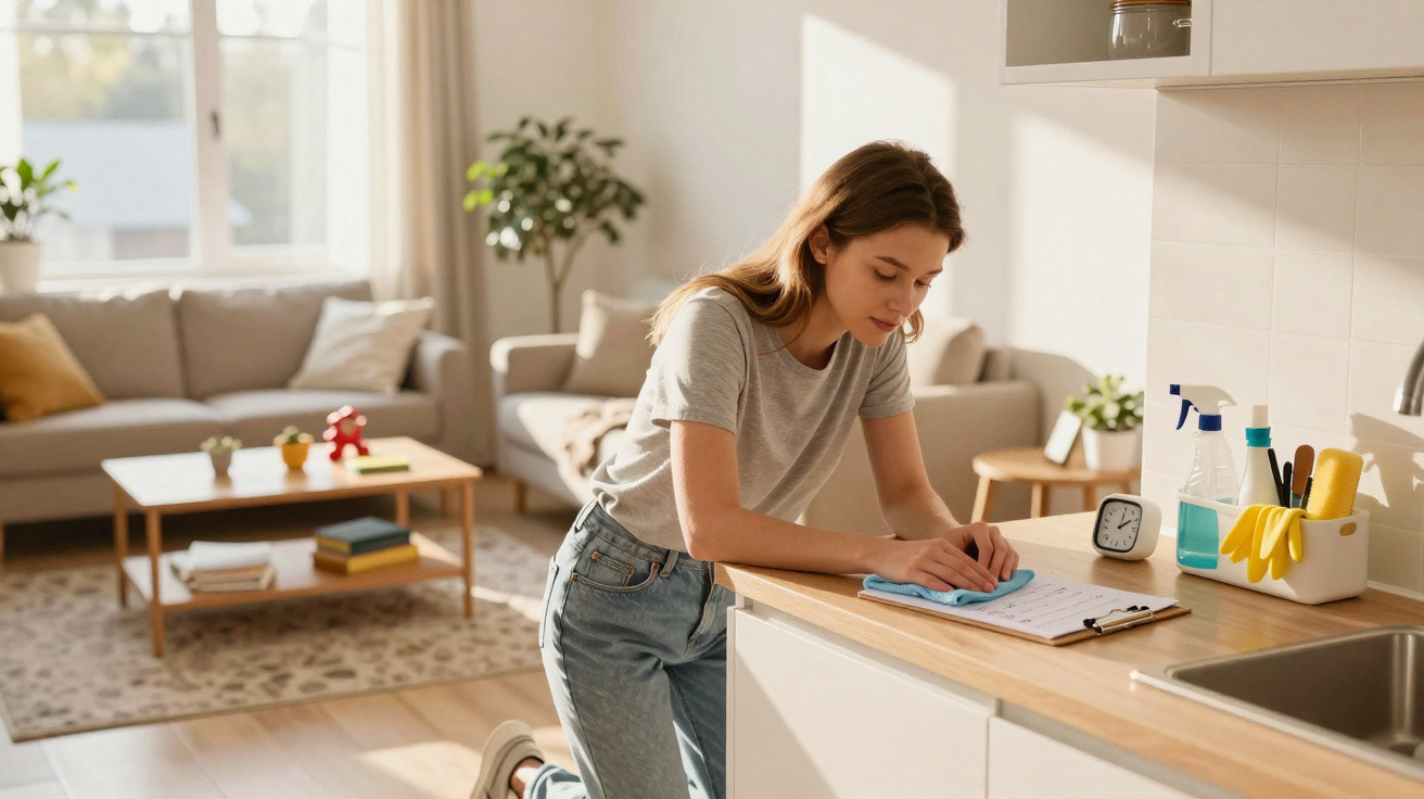 Young woman cleaning kitchen counter while kneeling in a bright, tidy living room and kitchen space