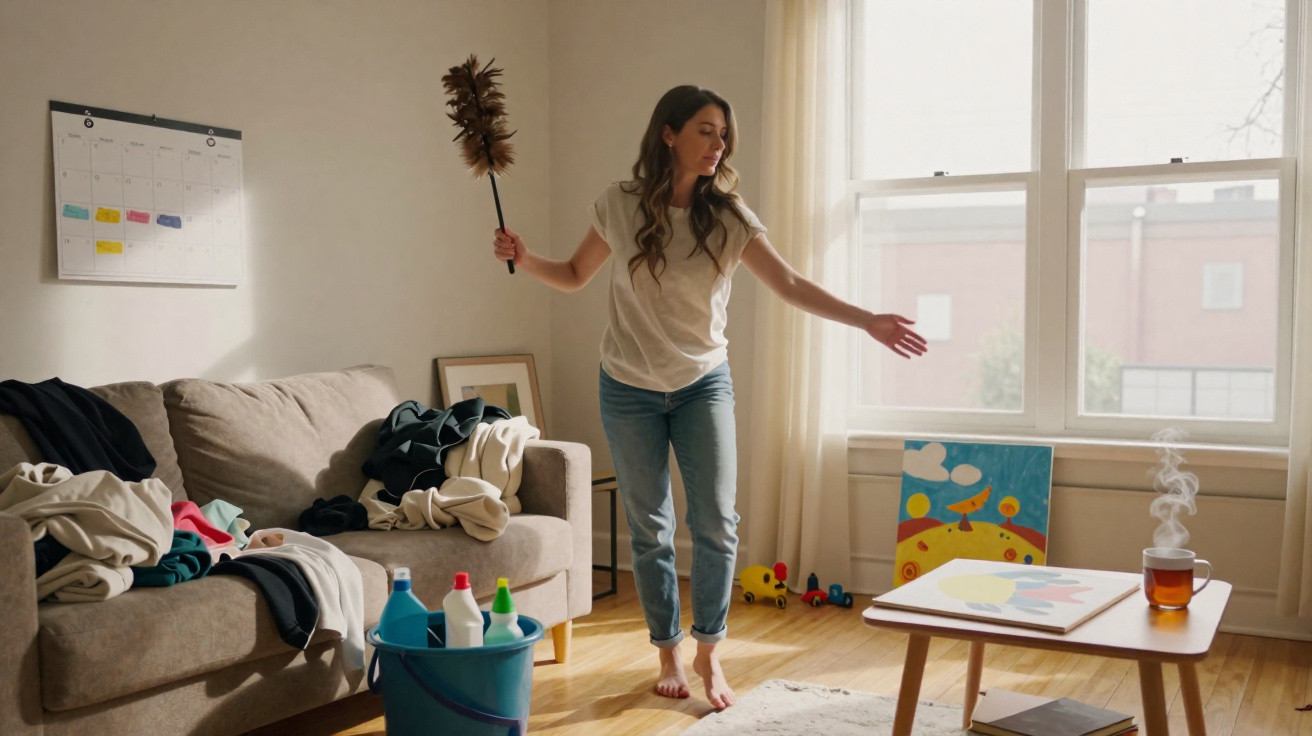 Woman dusting a room with a feather duster, surrounded by laundry and cleaning supplies in a bright living room.