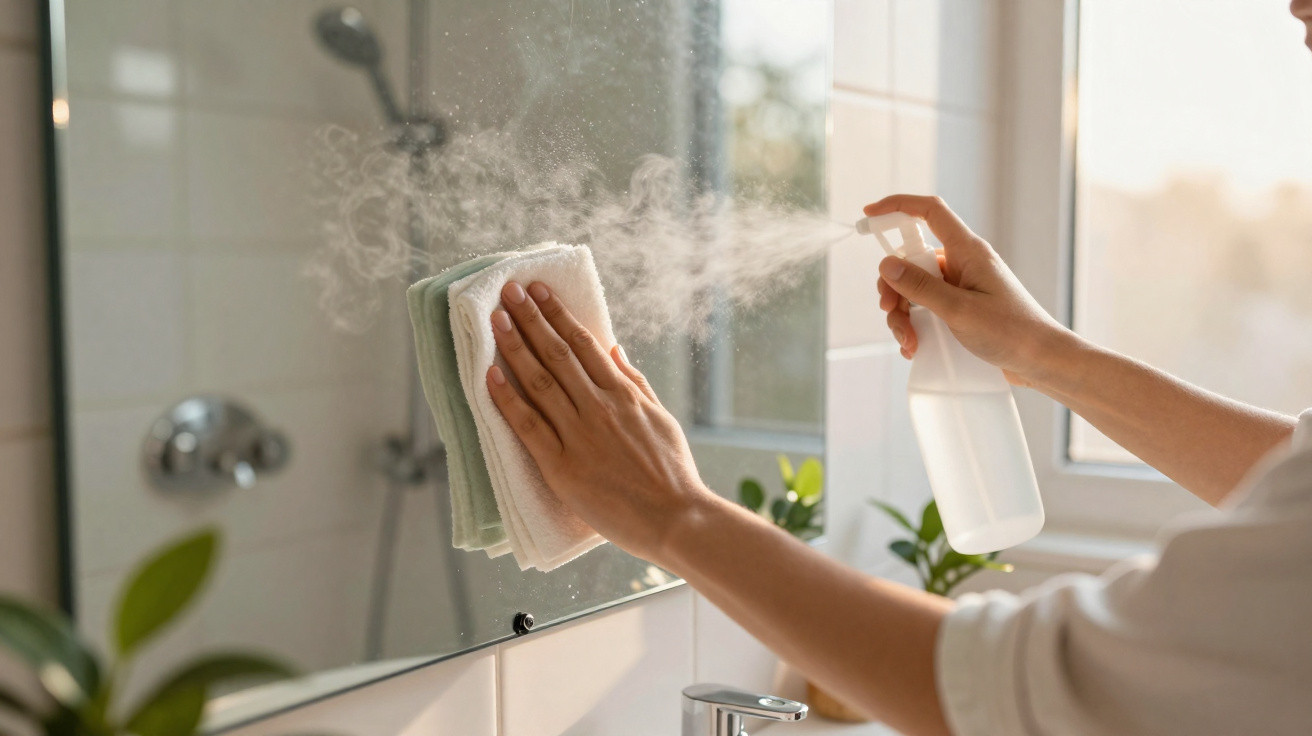Hands cleaning a bathroom mirror with a spray bottle and cloths, steam visible on the glass.