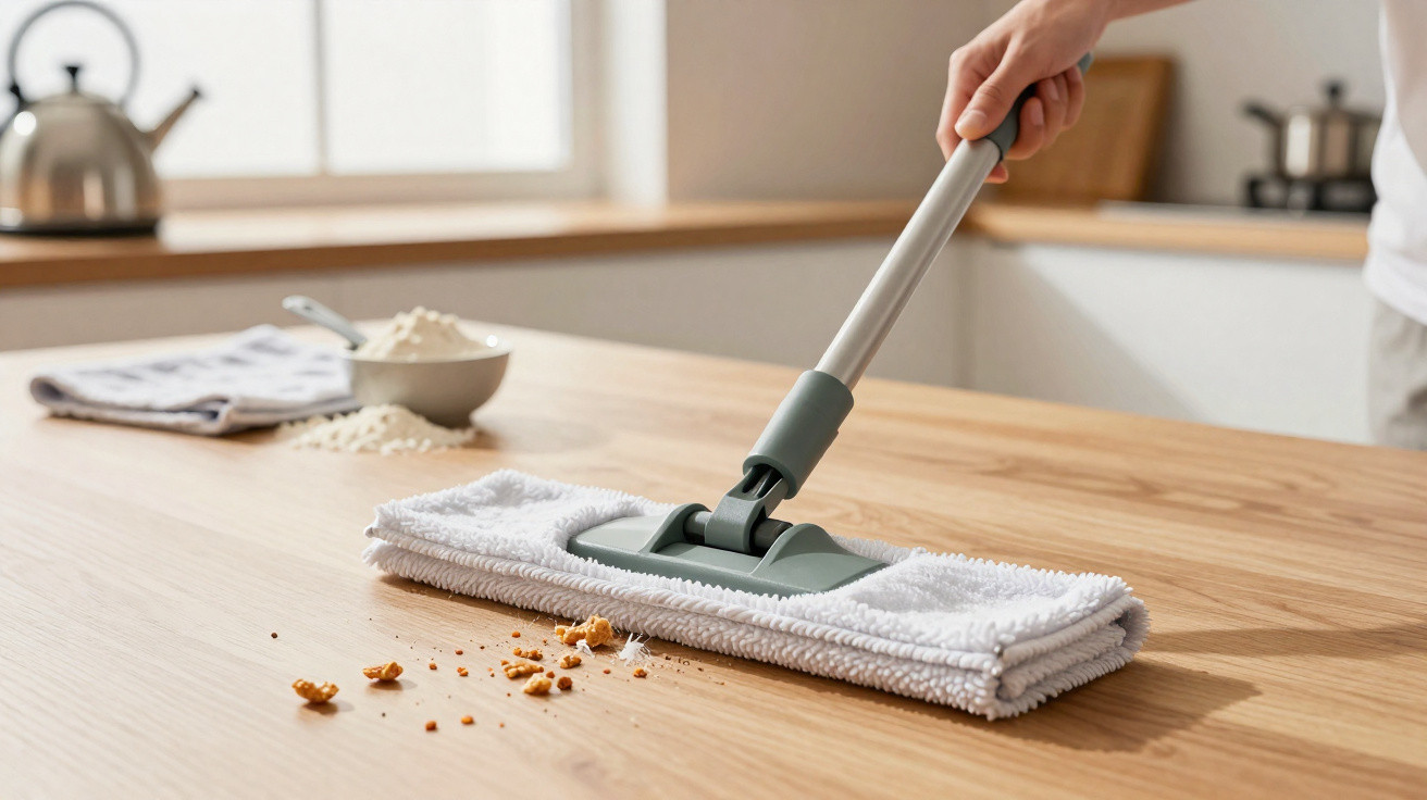 Person cleaning wooden kitchen table with mop, removing food crumbs and dust.