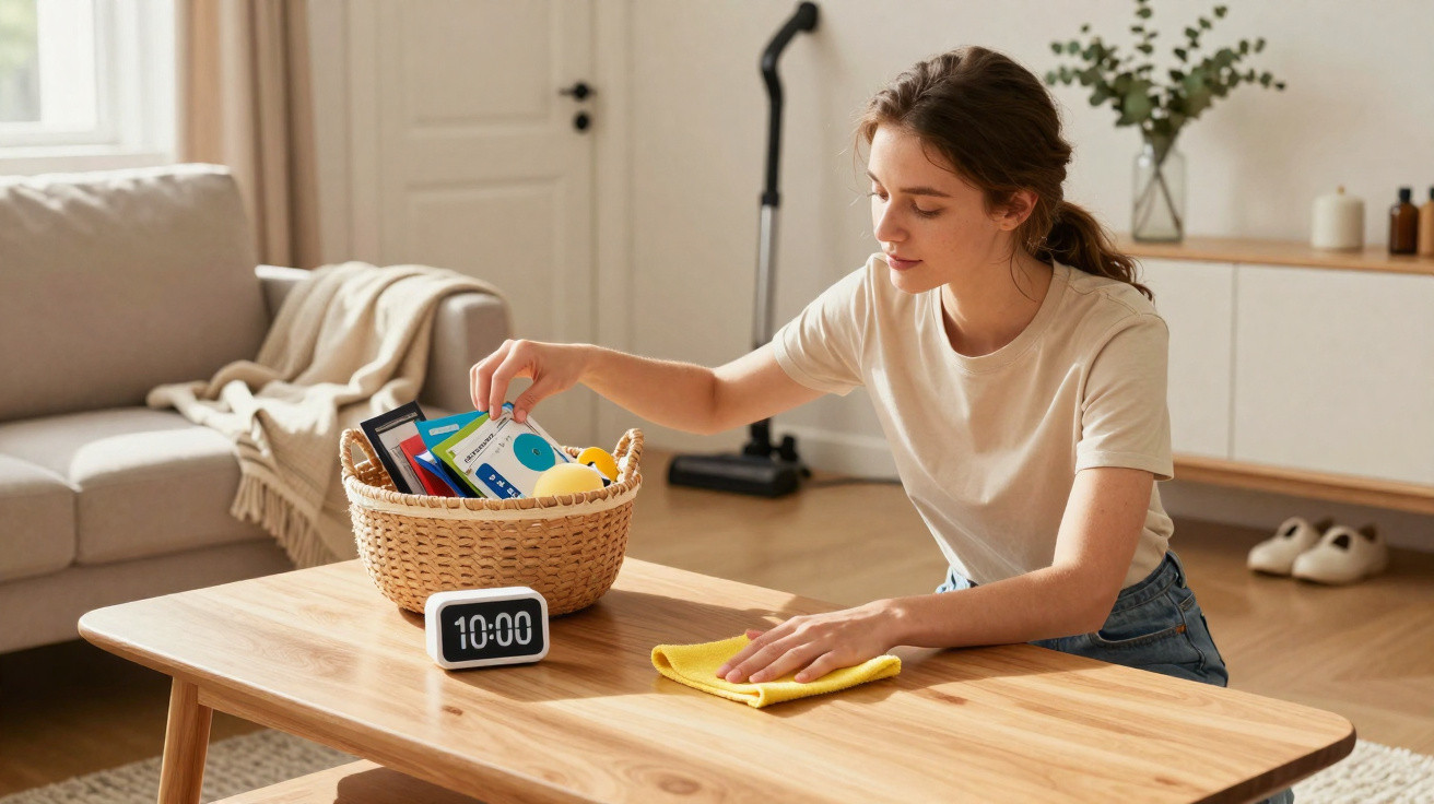Young woman tidying a living room table with a yellow cloth and a basket of items, digital clock shows 10:00.