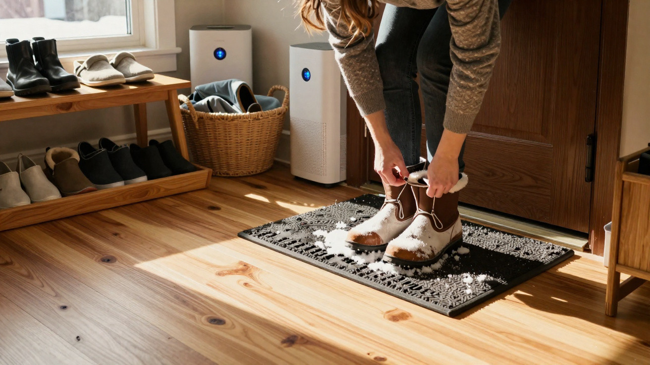 Person tying snowy winter boots on a doormat in a bright, organised entryway with shoe rack and basket.
