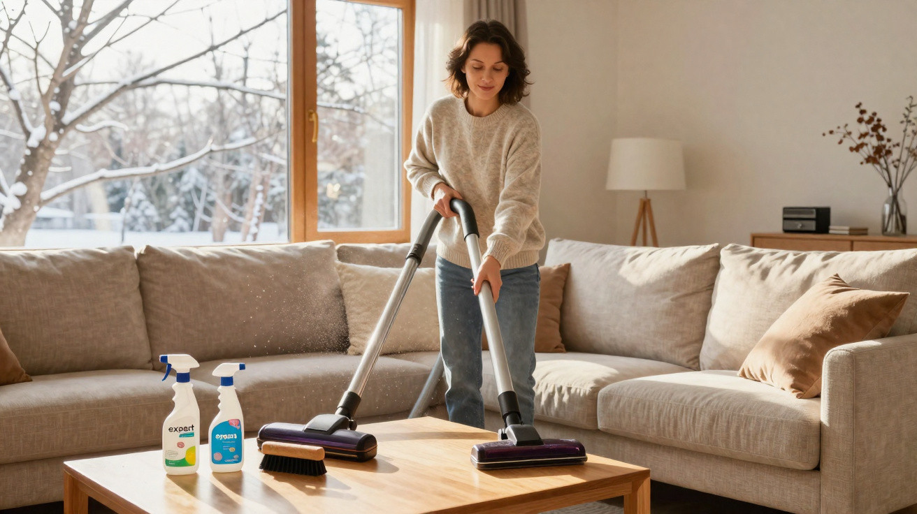 Woman vacuuming a wooden coffee table in a cosy living room with a large beige sofa and cleaning sprays nearby