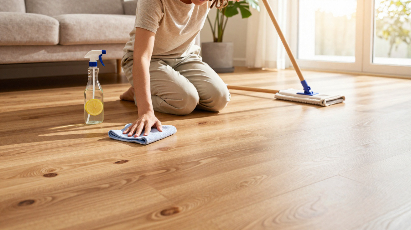 Person kneeling on wooden floor, cleaning with cloth next to a spray bottle and mop in a bright living room.