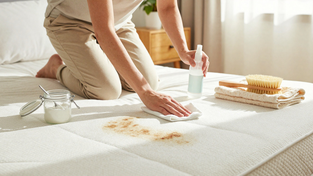 Person cleaning a large brown stain on a white mattress with spray and cloth in a bright bedroom.
