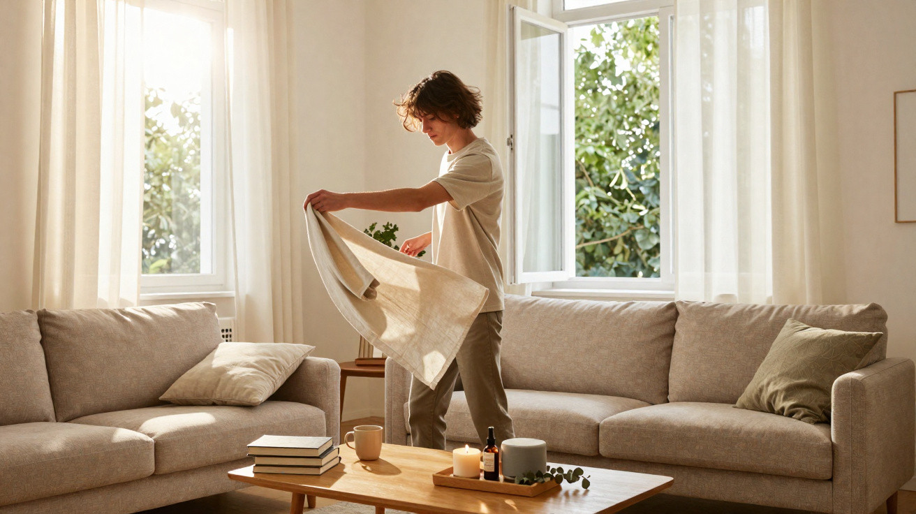Person spreading a beige blanket on a couch in a bright living room with two sofas and a wooden coffee table.