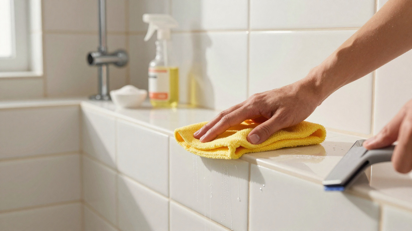Person cleaning white tiled bathroom surface with yellow cloth and squeegee near a window and spray bottle.