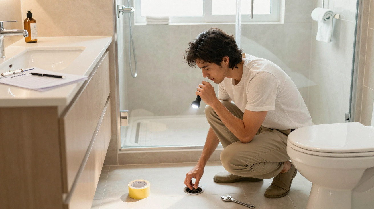 Man inspecting bathroom drain with a flashlight, wrench, and tape on tiled floor near toilet and shower.