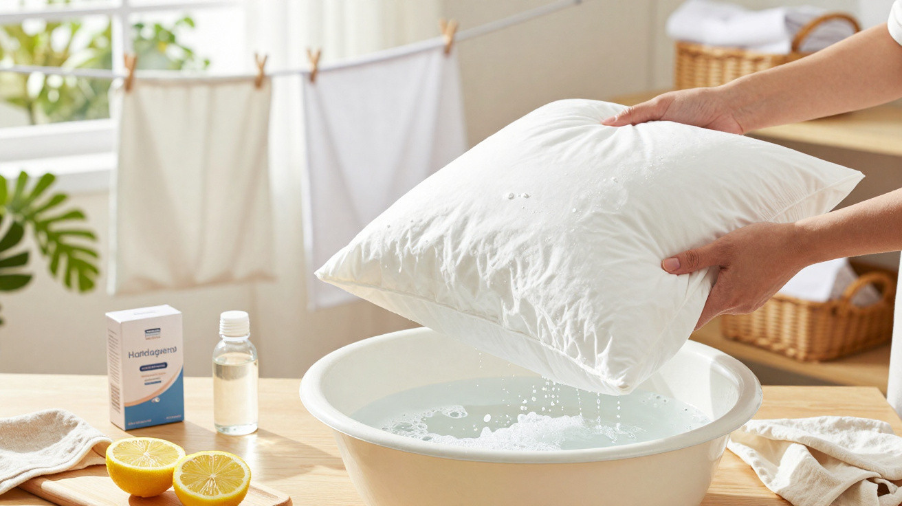 Person washing a white pillow in a basin with soap and water on a wooden table indoors.
