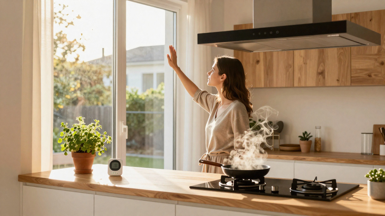 Woman opening kitchen window with steaming pan on stove and potted plants on wooden countertop in daylight