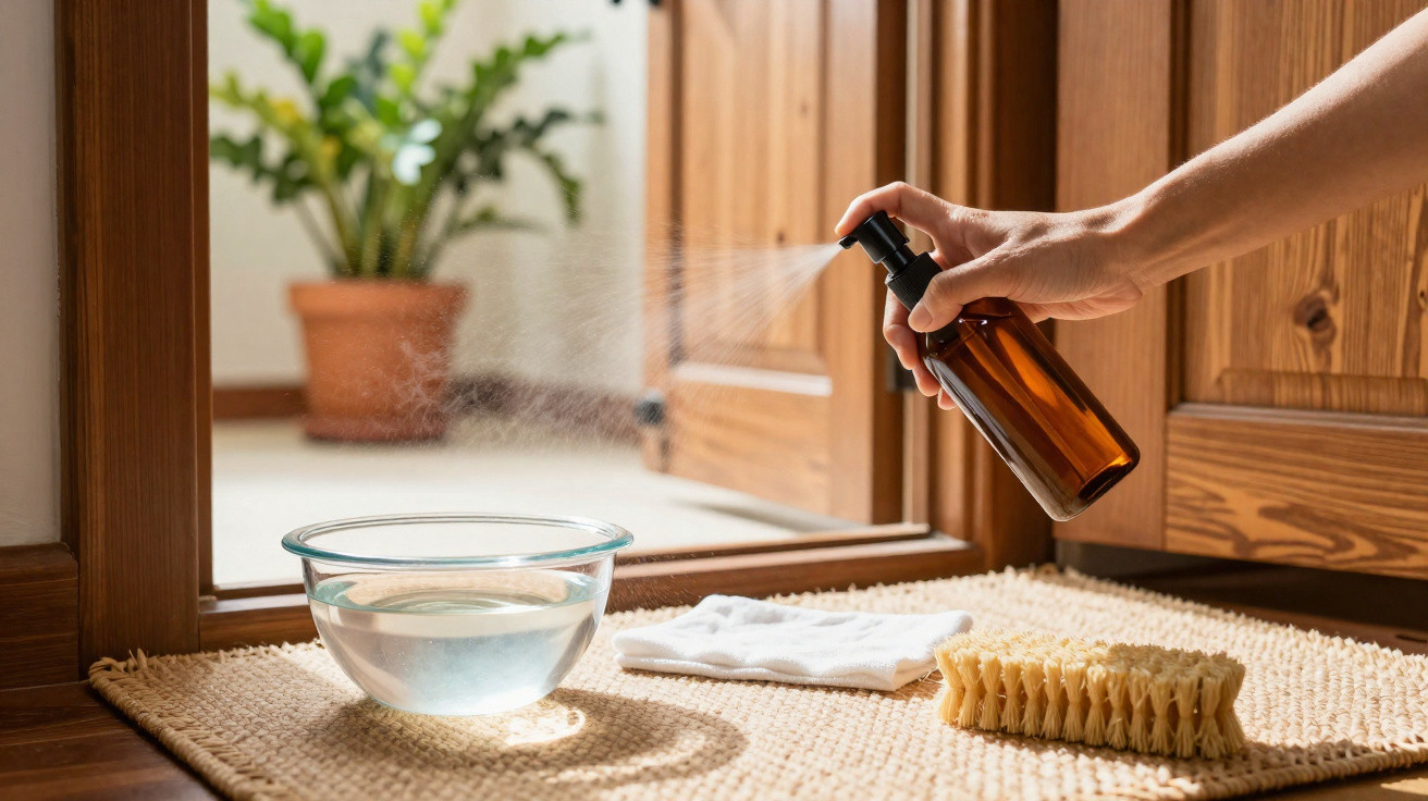 Hand spraying liquid from brown bottle onto a mat next to a bowl of water, white cloth, and brush by a wooden door.